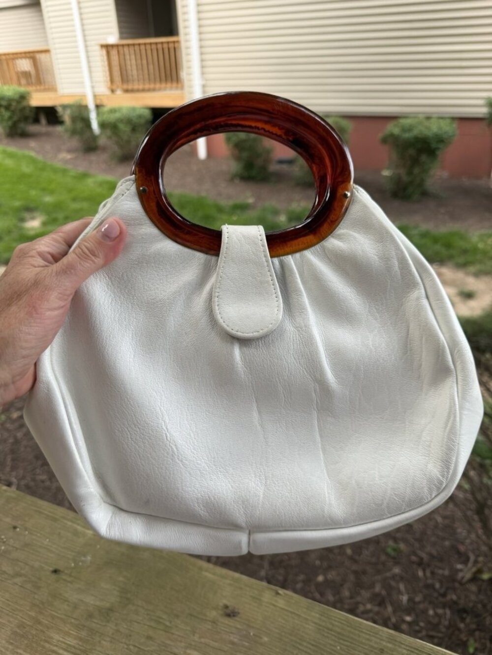 Vintage Mid Century Modern 50s Ande white tortoise lucite handles satchel purse